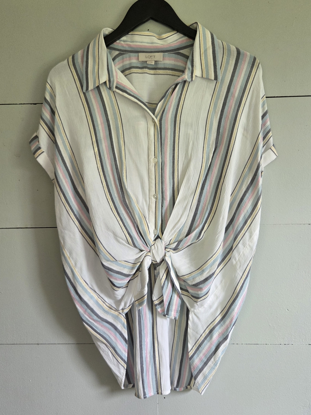 LOFT Outlet Striped Woven Button-Front Collared Short Sleeve Top Women XL